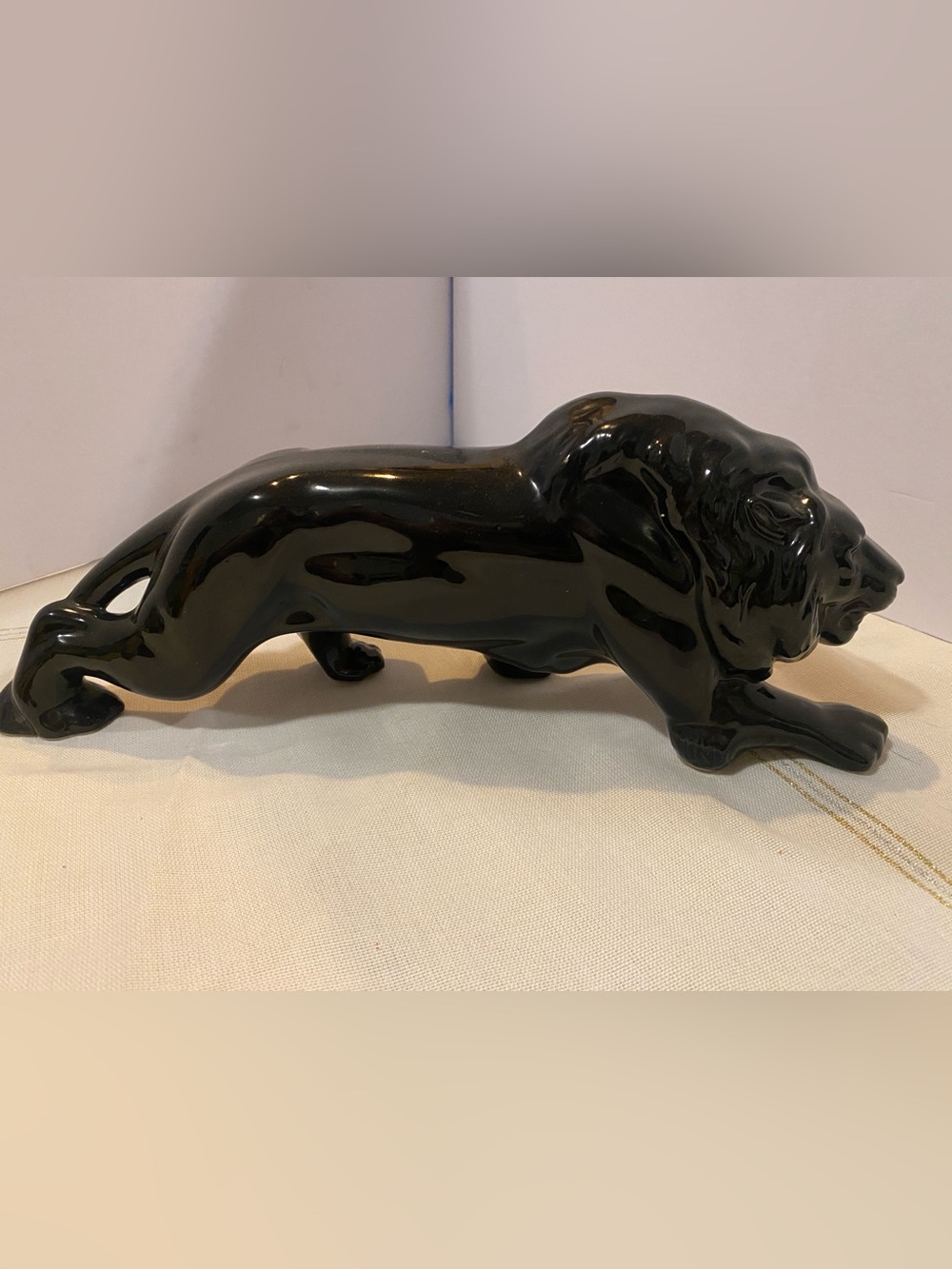 Vintage Black Glazed Lion Statue: Mid Century Modern Decor